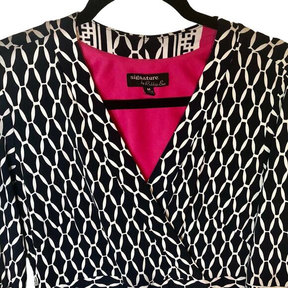 Signature by Robbie Bee Navy Blue Hot Pink White Patterned Work Dress Medium - Picture 2 of 5